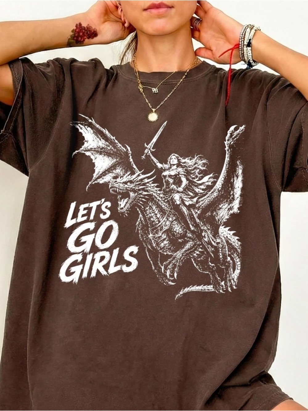 Let's Go Girls Dragon Graphic T-Shirt - Brown